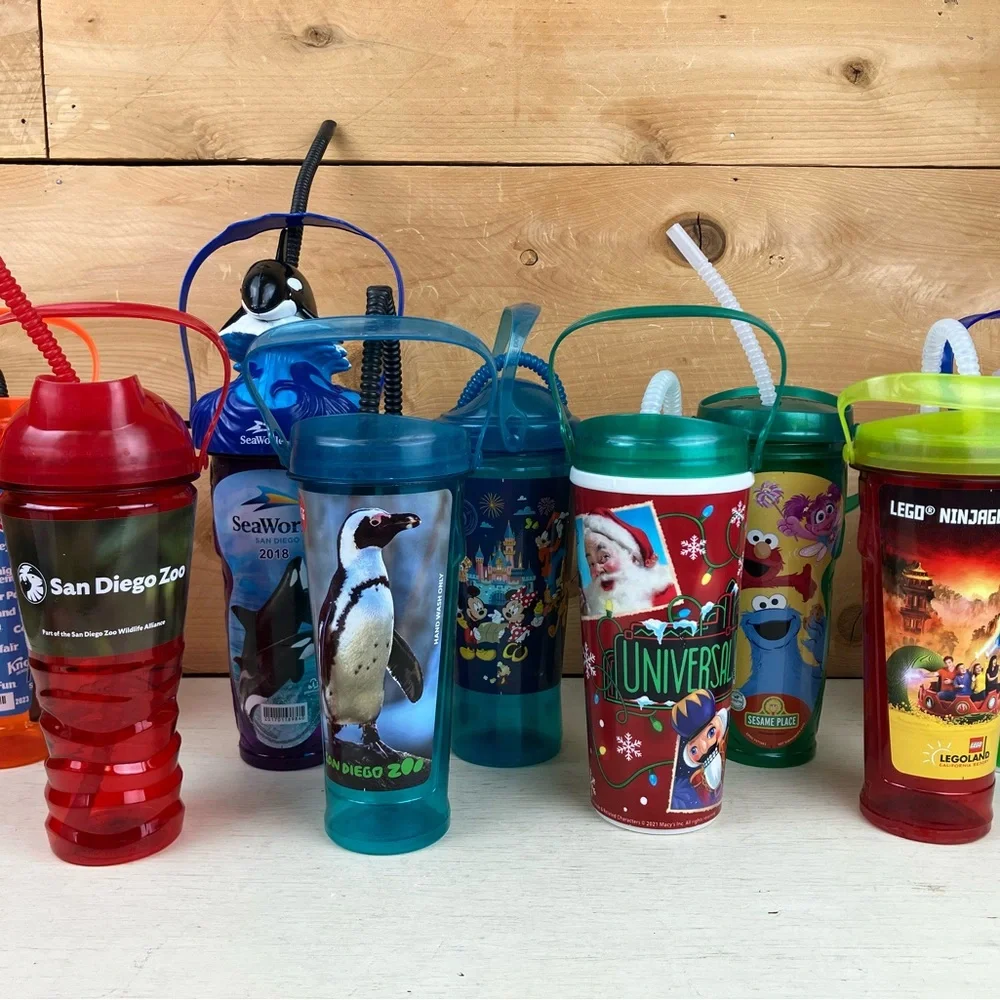 Assorted Lot of 9 Theme Park & Zoo Kids Sipper Cups - Multi-Color Collectable